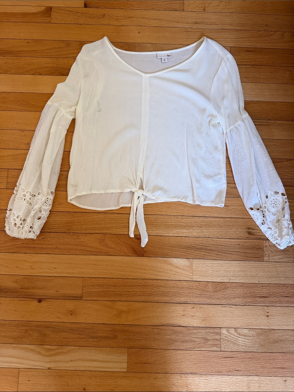SO White Tie-Front Blouse with Crochet Sleeve Accents